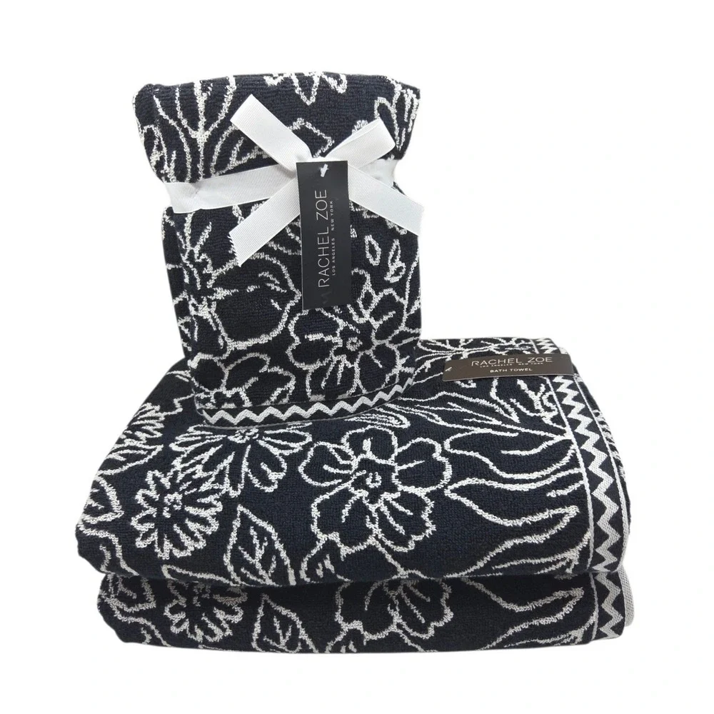 Rachel Zoe Black Ecru Floral Reversible Cotton Towel Set 4pc 2 Bath 2 Hand